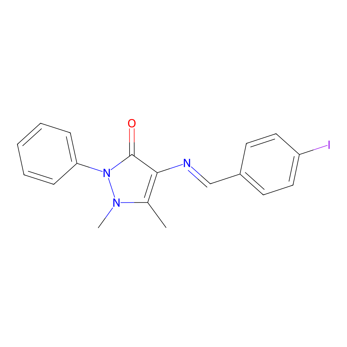 (E)-4-((4-iodobenzylidene)amino)-1,5-dimethyl-2-phenyl-1H-pyrazol-3(2H)-one molecular structure, CAS 402946-50-3