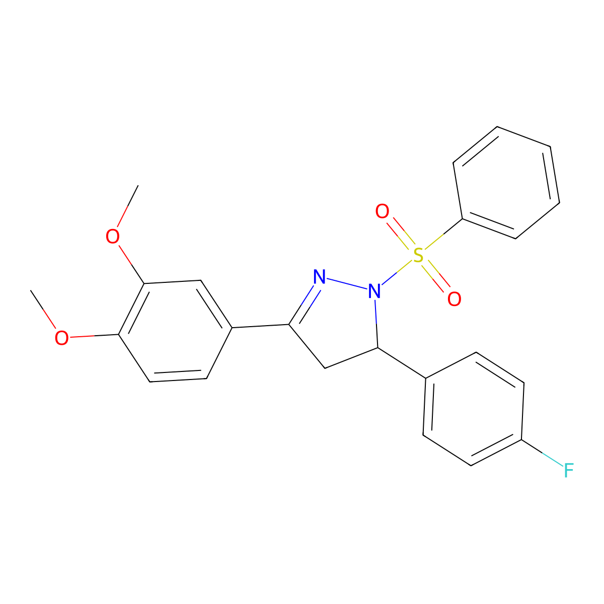 3-(3,4-dimethoxyphenyl)-5-(4-fluorophenyl)-1-(phenylsulfonyl)-4,5-dihydro-1H-pyrazole molecular structure, CAS 402947-92-6