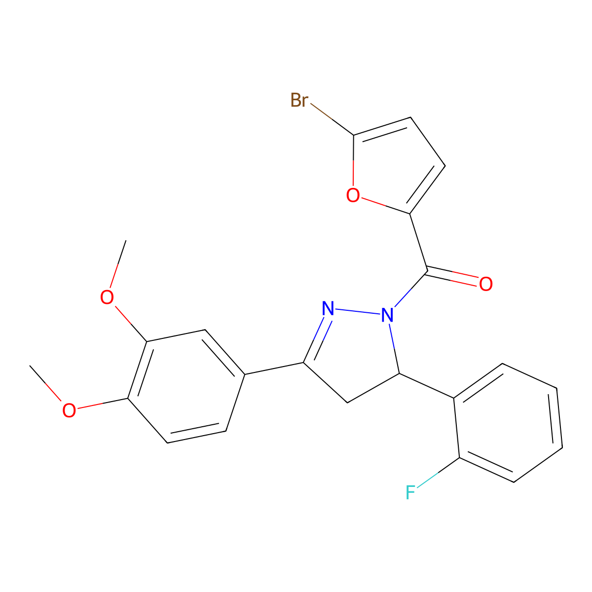 (5-Bromofuran-2-yl)-[5-(3,4-dimethoxyphenyl)-3-(2-fluorophenyl)-3,4-dihydropyrazol-2-yl]methanone molecular structure, CAS 402950-76-9