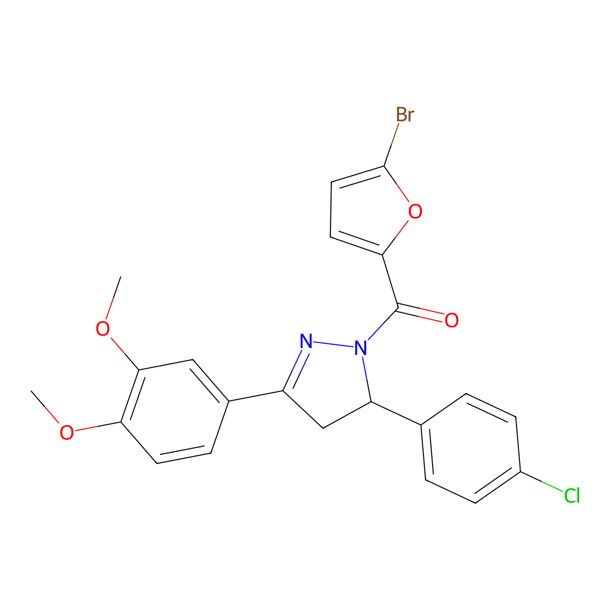 (5-Bromofuran-2-yl)-[3-(4-chlorophenyl)-5-(3,4-dimethoxyphenyl)-3,4-dihydropyrazol-2-yl]methanone molecular structure, CAS 402950-78-1