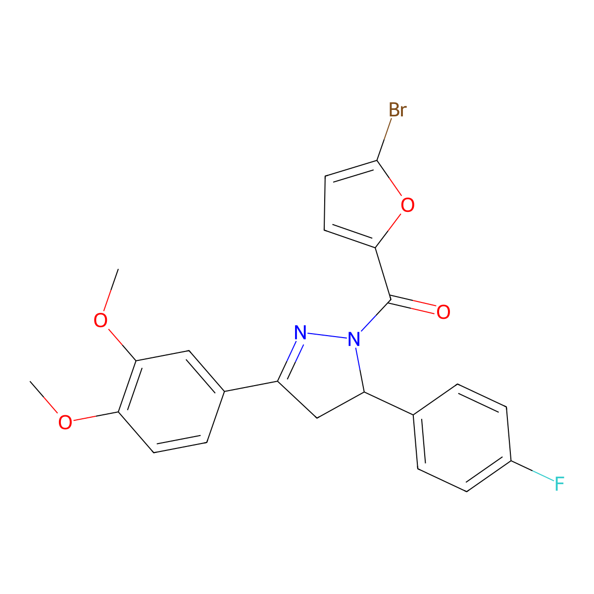 (5-bromofuran-2-yl)(3-(3,4-dimethoxyphenyl)-5-(4-fluorophenyl)-4,5-dihydro-1H-pyrazol-1-yl)methanone molecular structure, CAS 402950-79-2