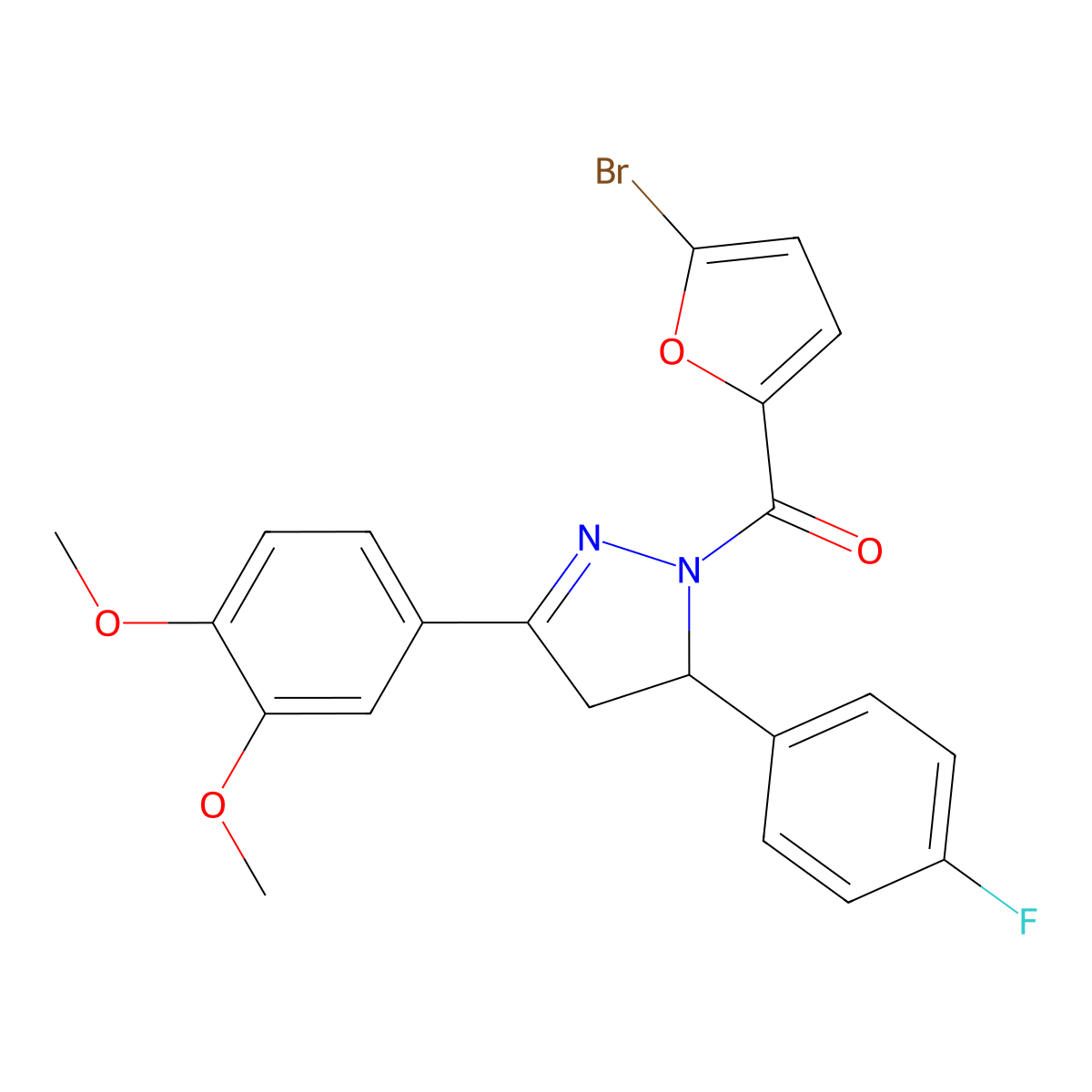 (5-bromofuran-2-yl)(3-(3,4-dimethoxyphenyl)-5-(4-fluorophenyl)-4,5-dihydro-1H-pyrazol-1-yl)methanone molecular structure, CAS 402950-79-2