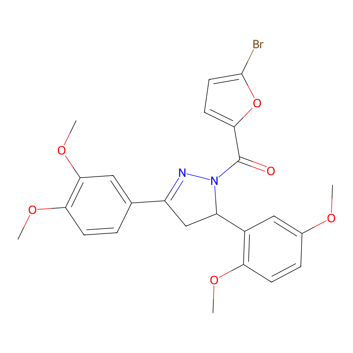 1-(5-bromofuran-2-carbonyl)-5-(2,5-dimethoxyphenyl)-3-(3,4-dimethoxyphenyl)-4,5-dihydro-1H-pyrazole molecular structure, CAS 402950-80-5