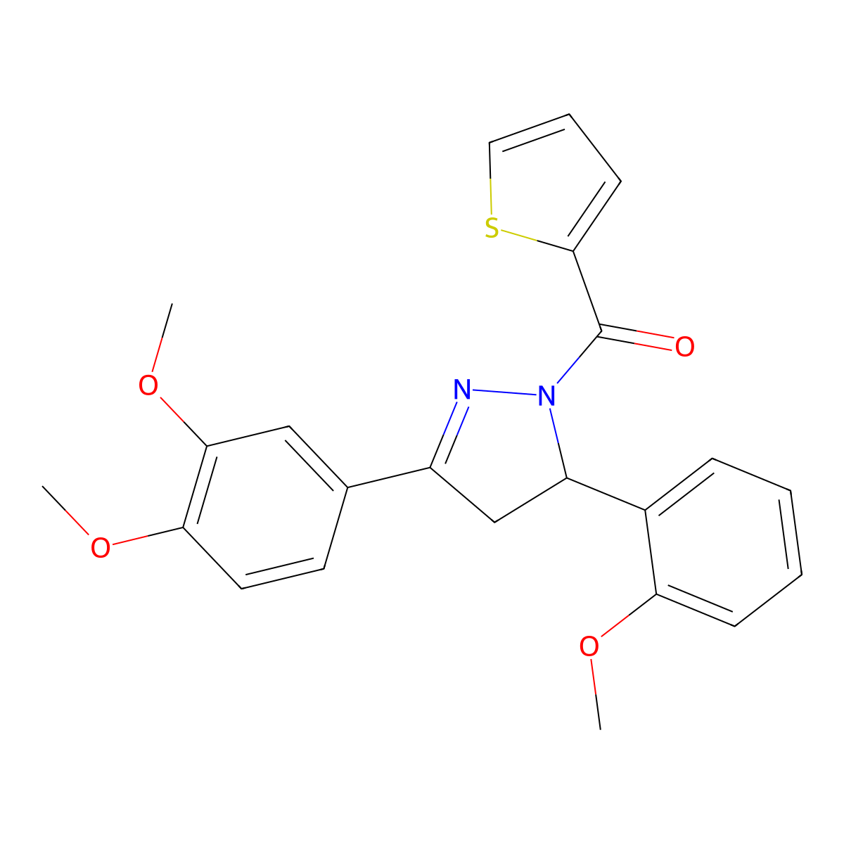 (3-(3,4-dimethoxyphenyl)-5-(2-methoxyphenyl)-4,5-dihydro-1H-pyrazol-1-yl)(thiophen-2-yl)methanone molecular structure, CAS 402950-84-9