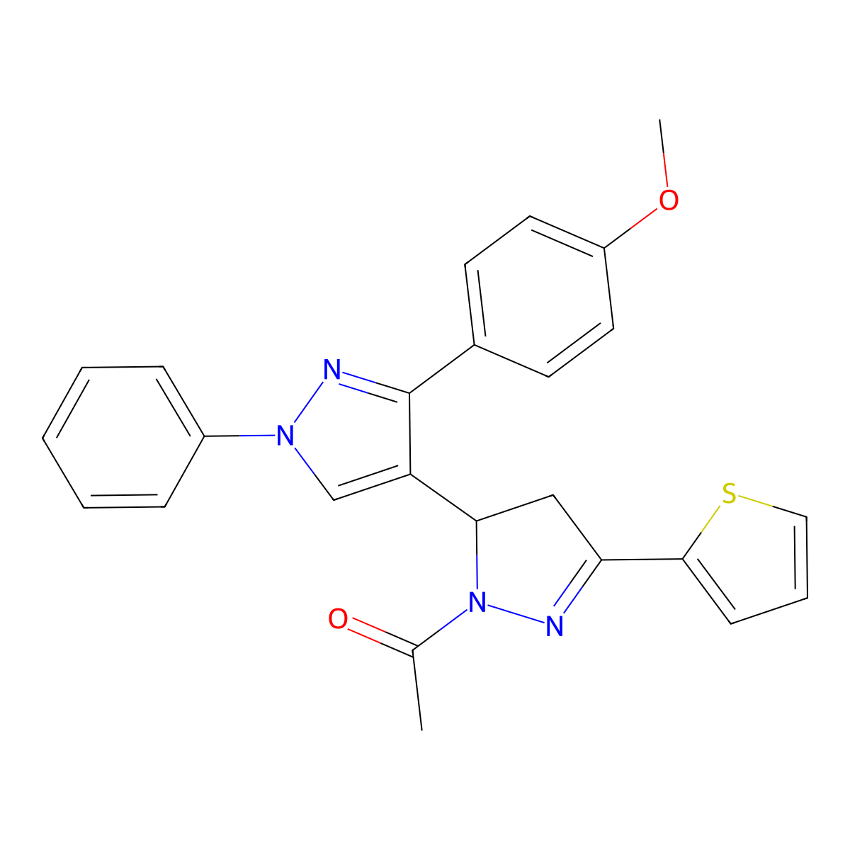 1-[3-[3-(4-Methoxyphenyl)-1-phenylpyrazol-4-yl]-5-thiophen-2-yl-3,4-dihydropyrazol-2-yl]ethanone molecular structure, CAS 402951-09-1