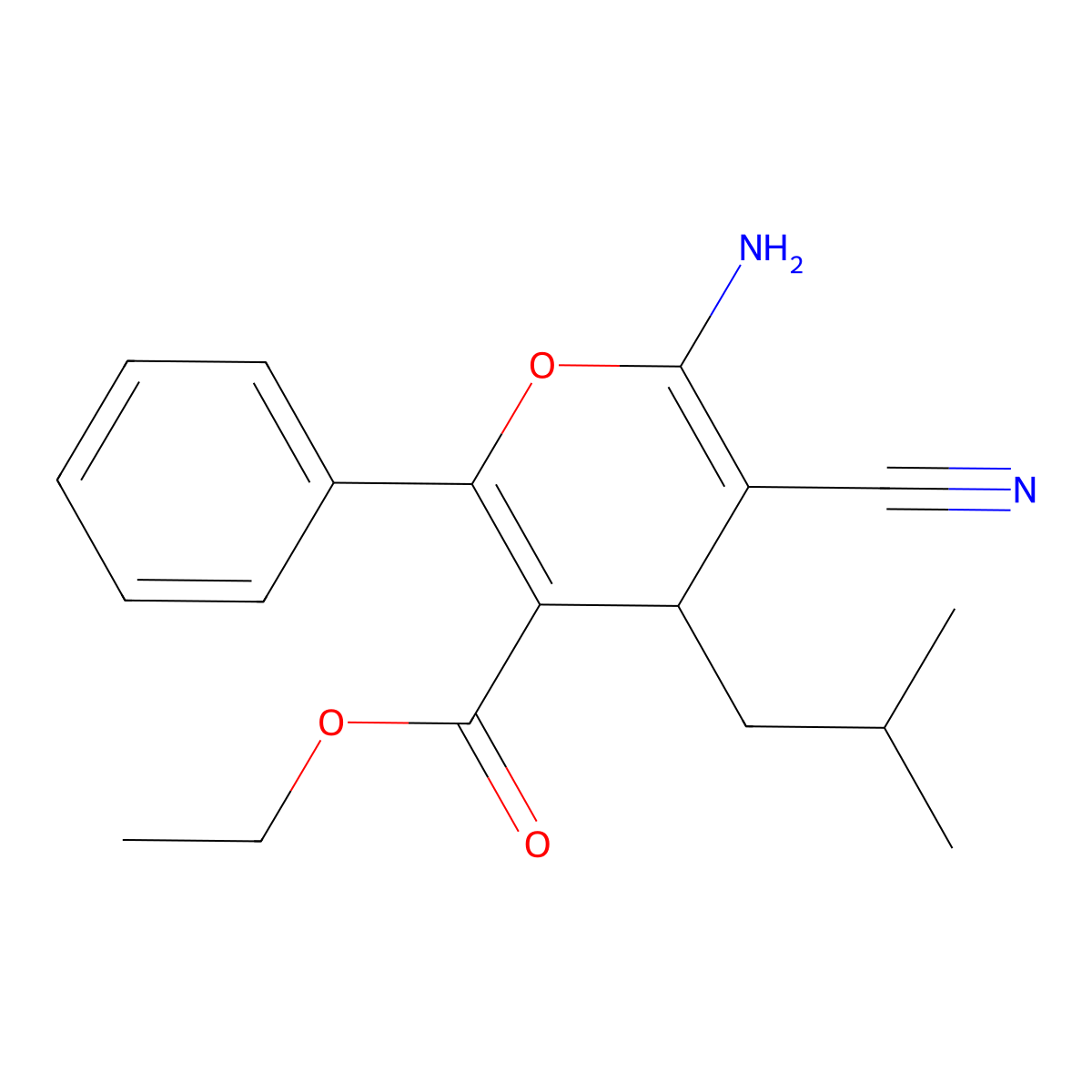 ethyl 6-amino-5-cyano-4-(2-methylpropyl)-2-phenyl-4H-pyran-3-carboxylate molecular structure, CAS 402953-45-1