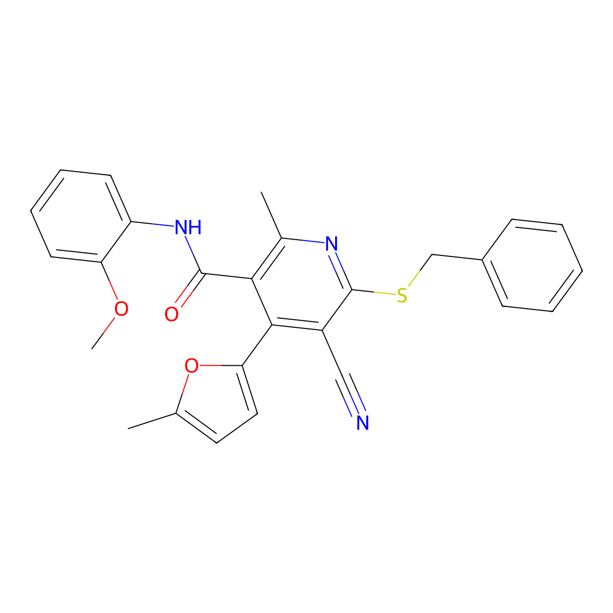 6-(benzylsulfanyl)-5-cyano-N-(2-methoxyphenyl)-2-methyl-4-(5-methylfuran-2-yl)pyridine-3-carboxamide molecular structure, CAS 402953-56-4