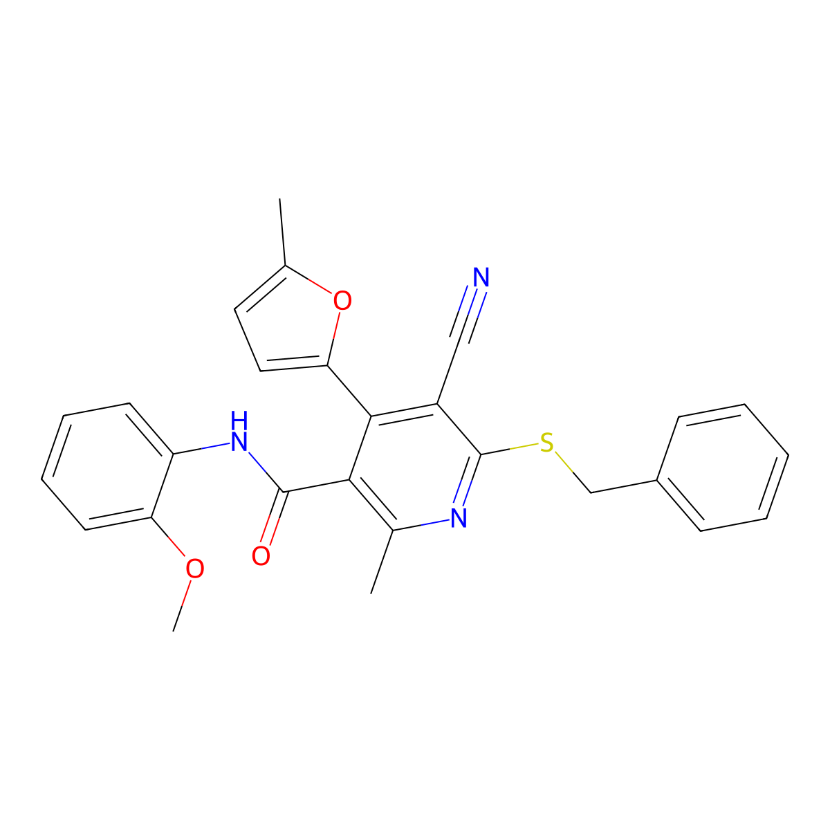6-(benzylsulfanyl)-5-cyano-N-(2-methoxyphenyl)-2-methyl-4-(5-methylfuran-2-yl)pyridine-3-carboxamide molecular structure, CAS 402953-56-4