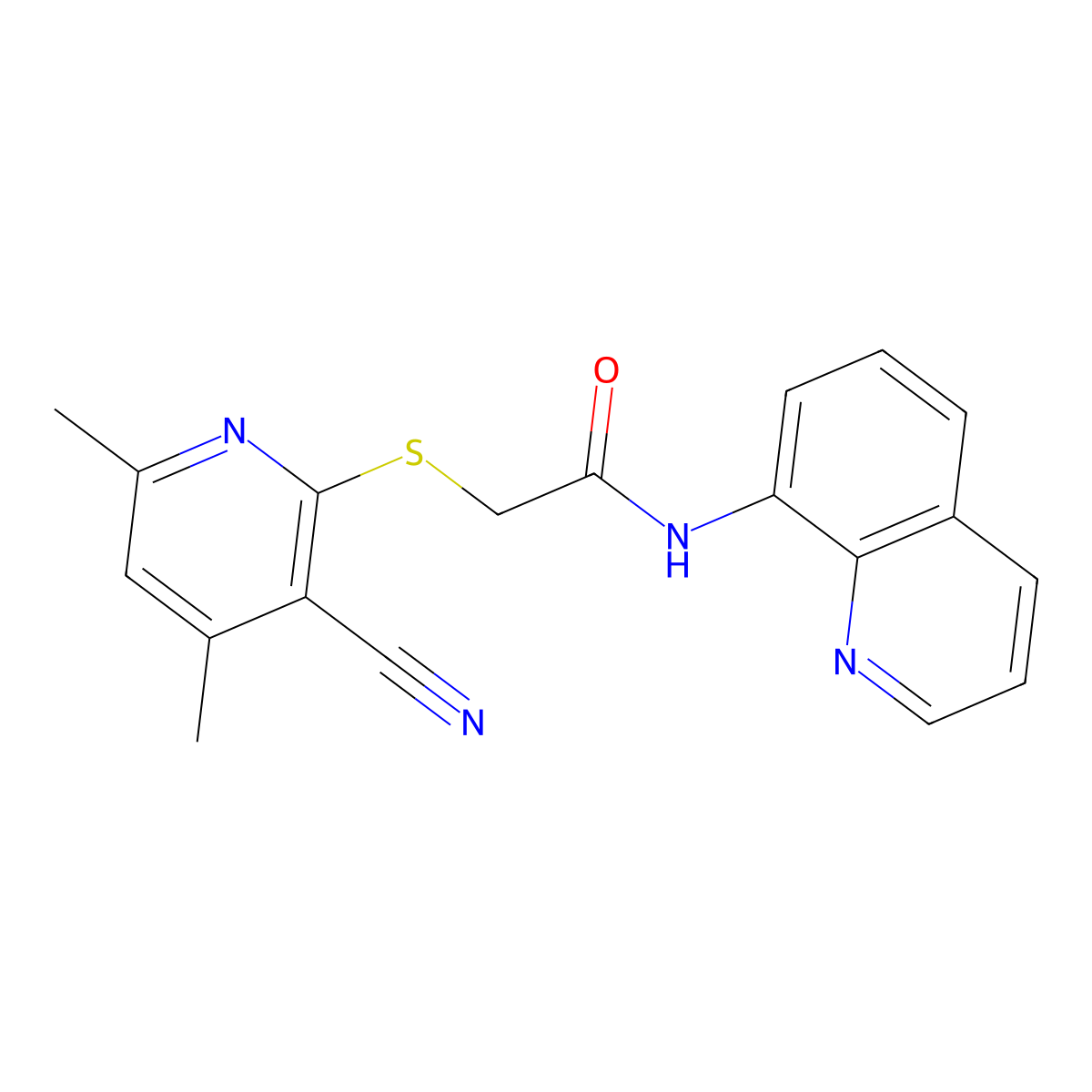 2-(3-cyano-4,6-dimethylpyridin-2-yl)sulfanyl-N-quinolin-8-ylacetamide molecular structure, CAS 402954-16-9