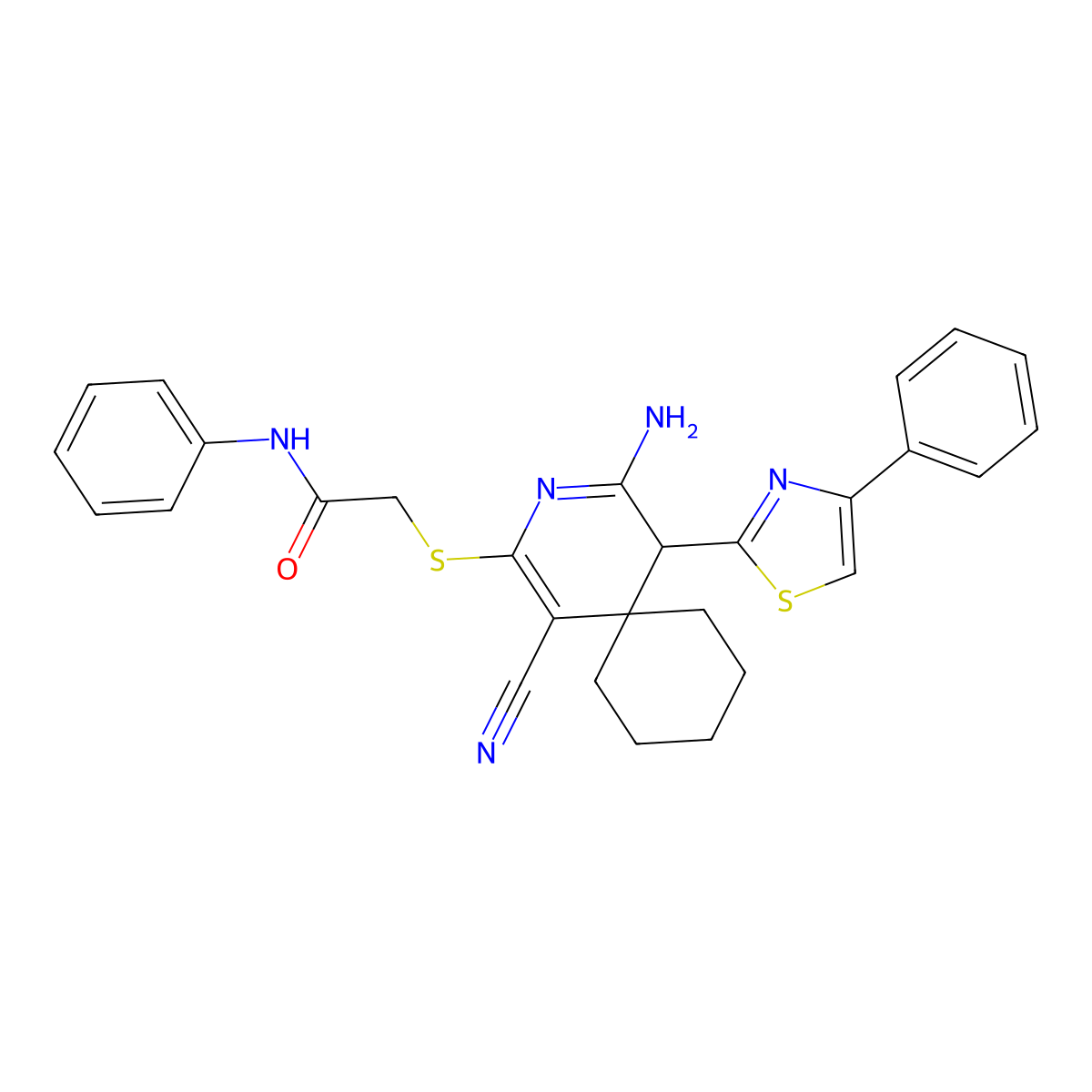 2-((1-cyano-4-imino-5-(4-phenylthiazol-2-yl)-3-azaspiro[5.5]undec-1-en-2-yl)thio)-N-phenylacetamide molecular structure, CAS 402954-24-9