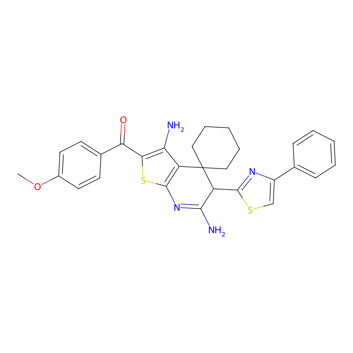 [3,6-diamino-5-(4-phenyl-1,3-thiazol-2-yl)spiro[5H-thieno[2,3-b]pyridine-4,1'-cyclohexane]-2-yl]-(4-methoxyphenyl)methanone molecular structure, CAS 402954-26-1