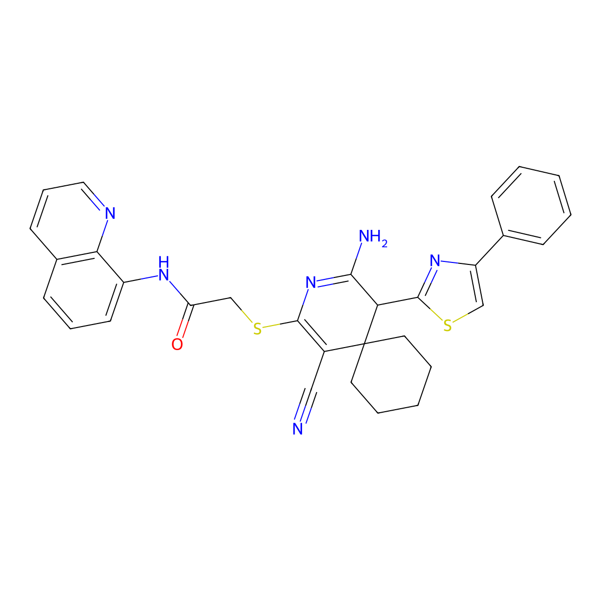 2-((1-cyano-4-imino-5-(4-phenylthiazol-2-yl)-3-azaspiro[5.5]undec-1-en-2-yl)thio)-N-(quinolin-8-yl)acetamide molecular structure, CAS 402954-28-3
