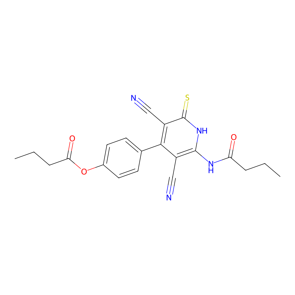 4-(2-Butyramido-3,5-dicyano-6-mercaptopyridin-4-yl)phenyl butyrate molecular structure, CAS 402954-38-5