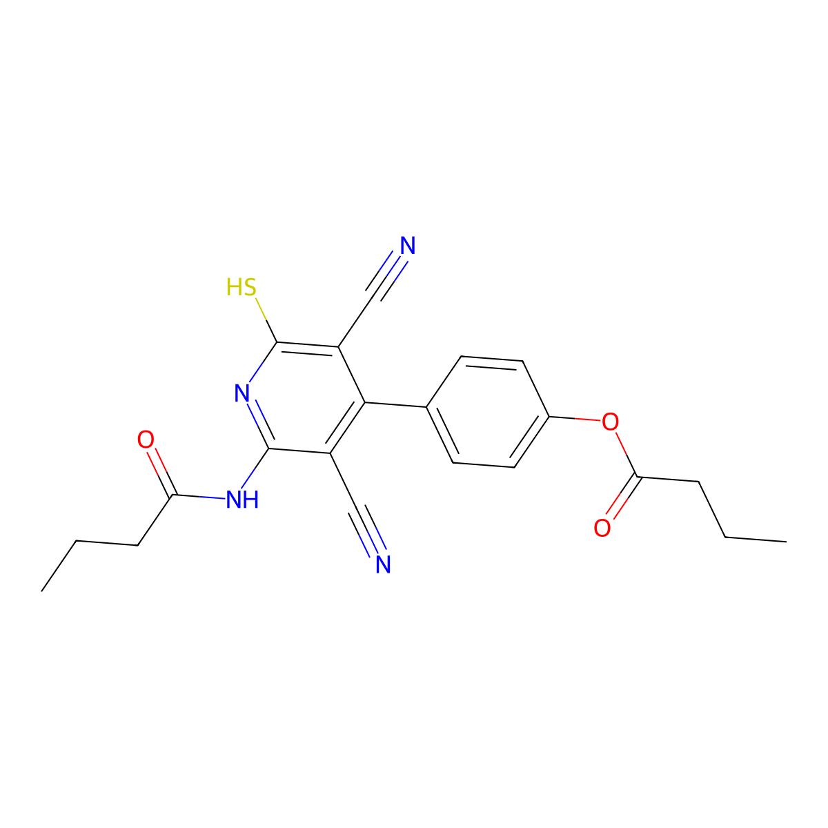 4-(2-Butyramido-3,5-dicyano-6-mercaptopyridin-4-yl)phenyl butyrate molecular structure, CAS 402954-38-5