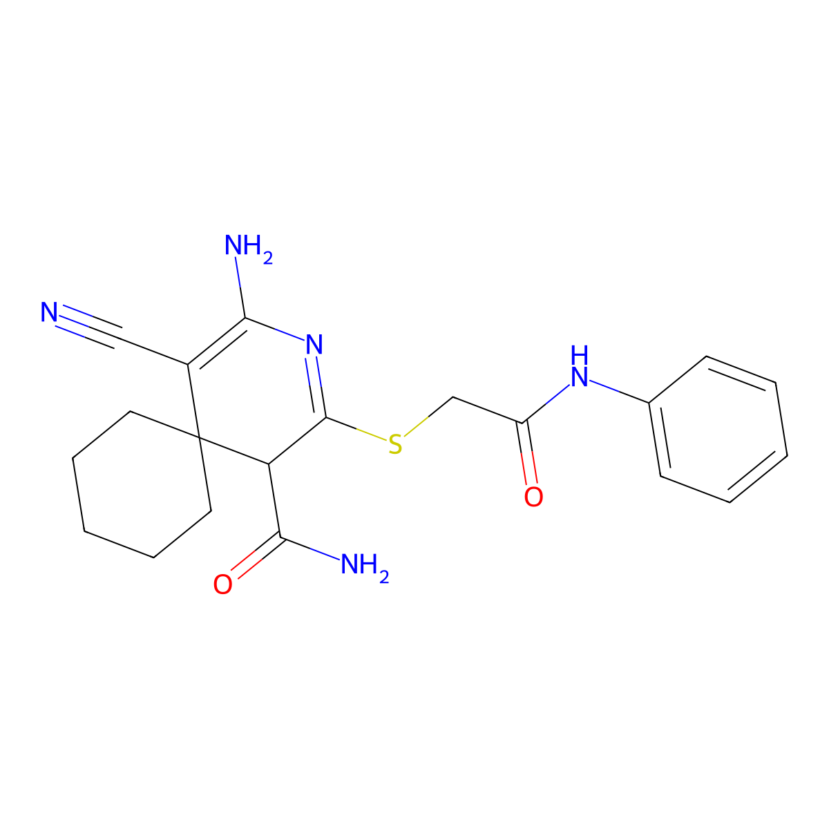4-Amino-5-cyano-2-{[(phenylcarbamoyl)methyl]sulfanyl}-3-azaspiro[5.5]undeca-2,4-diene-1-carboxamide molecular structure, CAS 402954-53-4