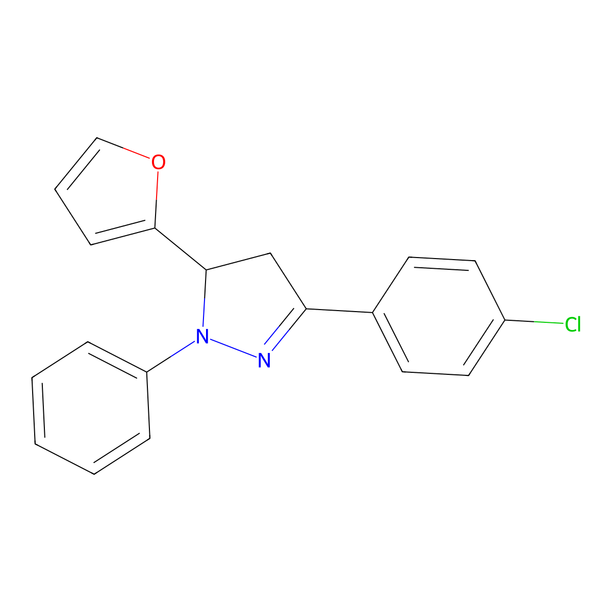 3-(4-chlorophenyl)-5-(2-furyl)-1-phenyl-4,5-dihydro-1H-pyrazole molecular structure, CAS 4035-38-5