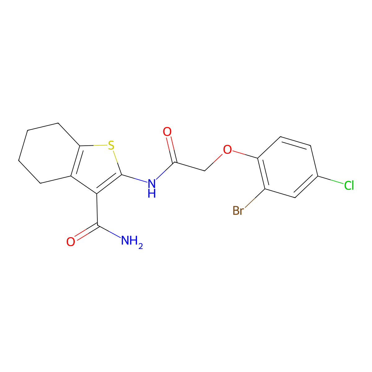 2-{[(2-Bromo-4-chlorophenoxy)acetyl]amino}-4,5,6,7-tetrahydro-1-benzothiophene-3-carboxamide molecular structure, CAS 403714-36-3