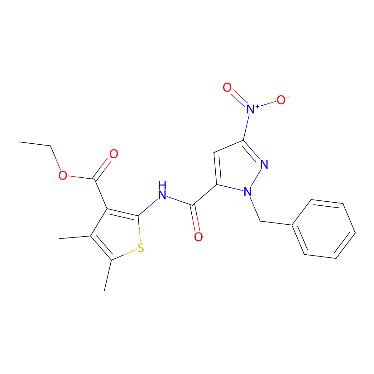 Ethyl 2-[(2-benzyl-5-nitropyrazole-3-carbonyl)amino]-4,5-dimethylthiophene-3-carboxylate molecular structure, CAS 403714-69-2