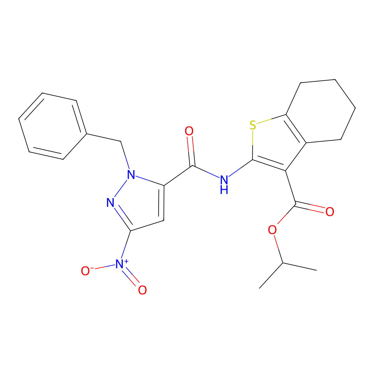 Propan-2-yl 2-[(2-benzyl-5-nitropyrazole-3-carbonyl)amino]-4,5,6,7-tetrahydro-1-benzothiophene-3-carboxylate molecular structure, CAS 403715-27-5