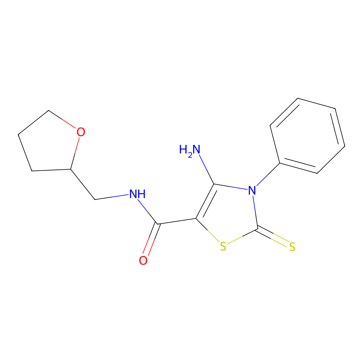 4-amino-3-phenyl-N-((tetrahydrofuran-2-yl)methyl)-2-thioxo-2,3-dihydrothiazole-5-carboxamide molecular structure, CAS 403726-41-0