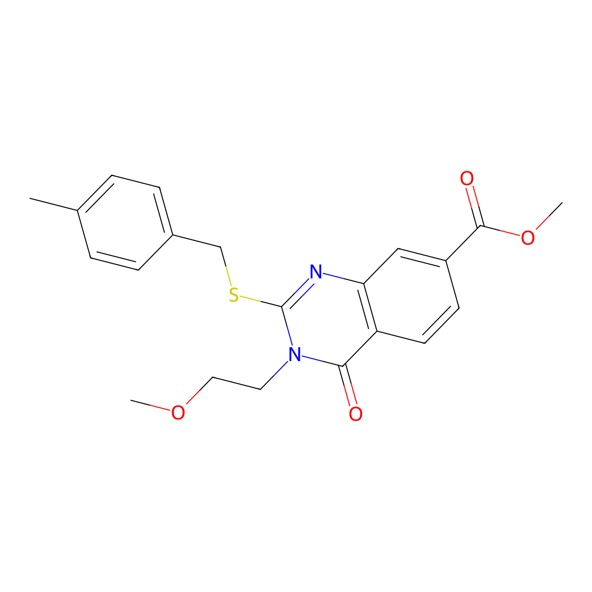 Methyl 3-(2-methoxyethyl)-2-[(4-methylphenyl)methylsulfanyl]-4-oxoquinazoline-7-carboxylate molecular structure, CAS 403728-87-0