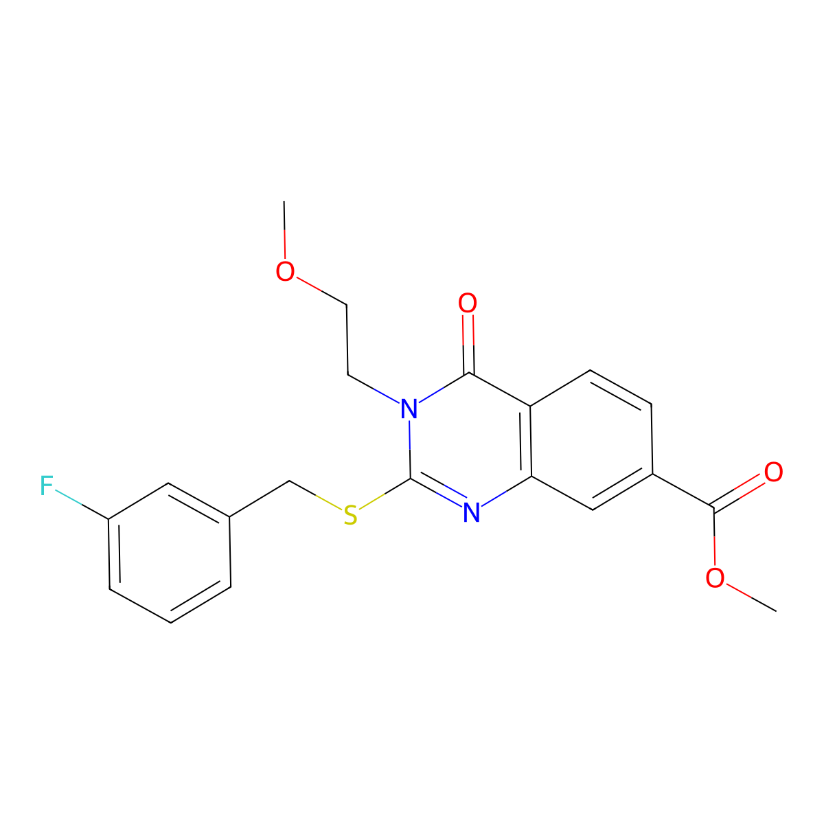 Methyl 2-[(3-fluorophenyl)methylsulfanyl]-3-(2-methoxyethyl)-4-oxoquinazoline-7-carboxylate molecular structure, CAS 403728-89-2