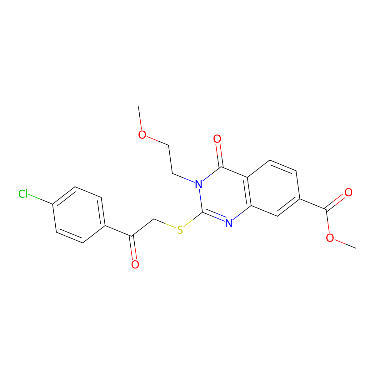 Methyl 2-[2-(4-chlorophenyl)-2-oxoethyl]sulfanyl-3-(2-methoxyethyl)-4-oxoquinazoline-7-carboxylate molecular structure, CAS 403729-03-3