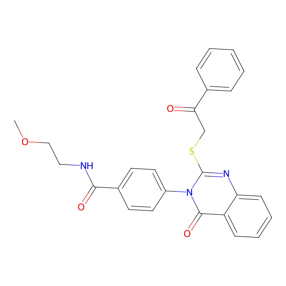 N-(2-methoxyethyl)-4-(4-oxo-2-phenacylsulfanylquinazolin-3-yl)benzamide molecular structure, CAS 403729-14-6