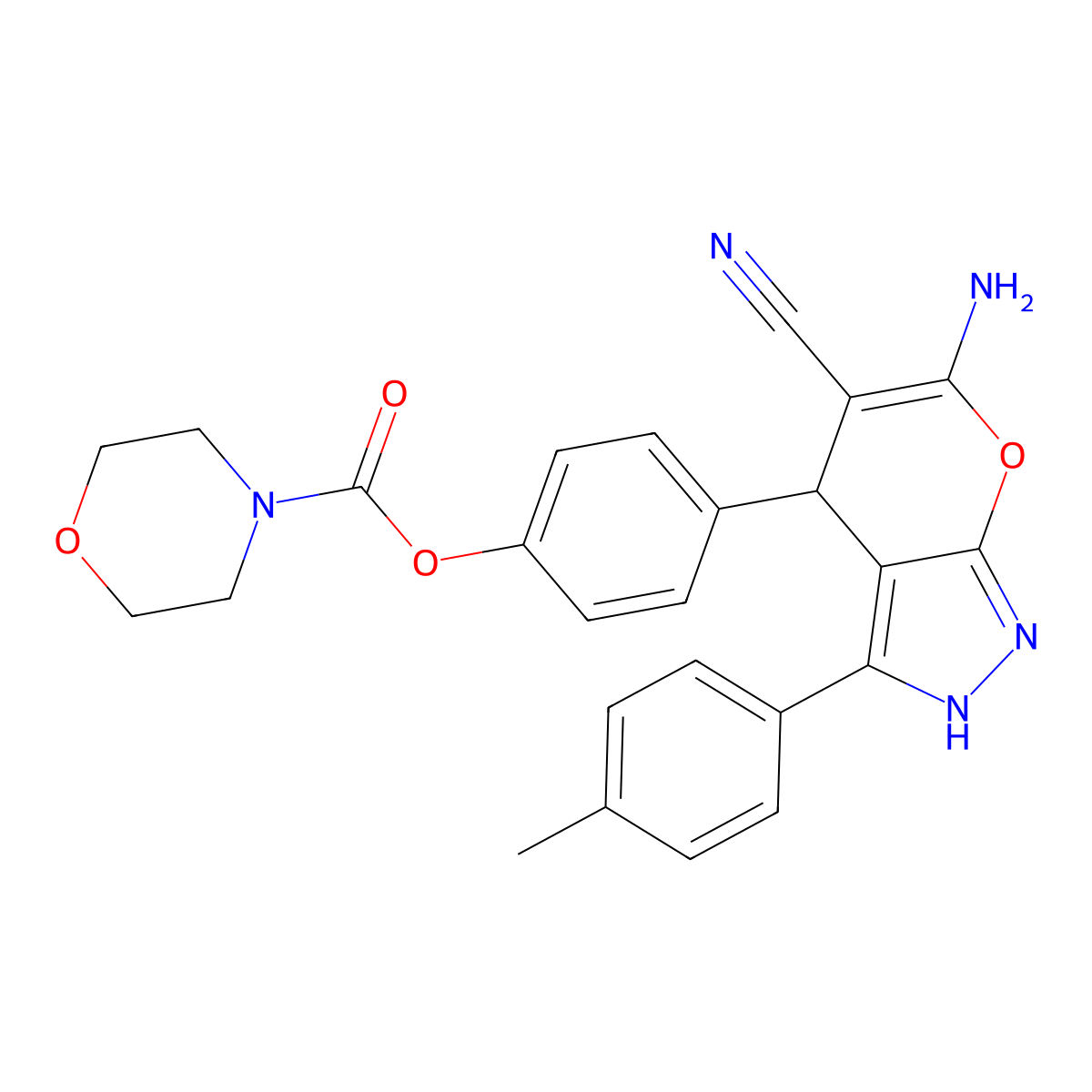 4-Morpholinecarboxylic acid [4-[6-amino-5-cyano-3-(4-methylphenyl)-2,4-dihydropyrano[2,3-c]pyrazol-4-yl]phenyl] ester molecular structure, CAS 403731-99-7