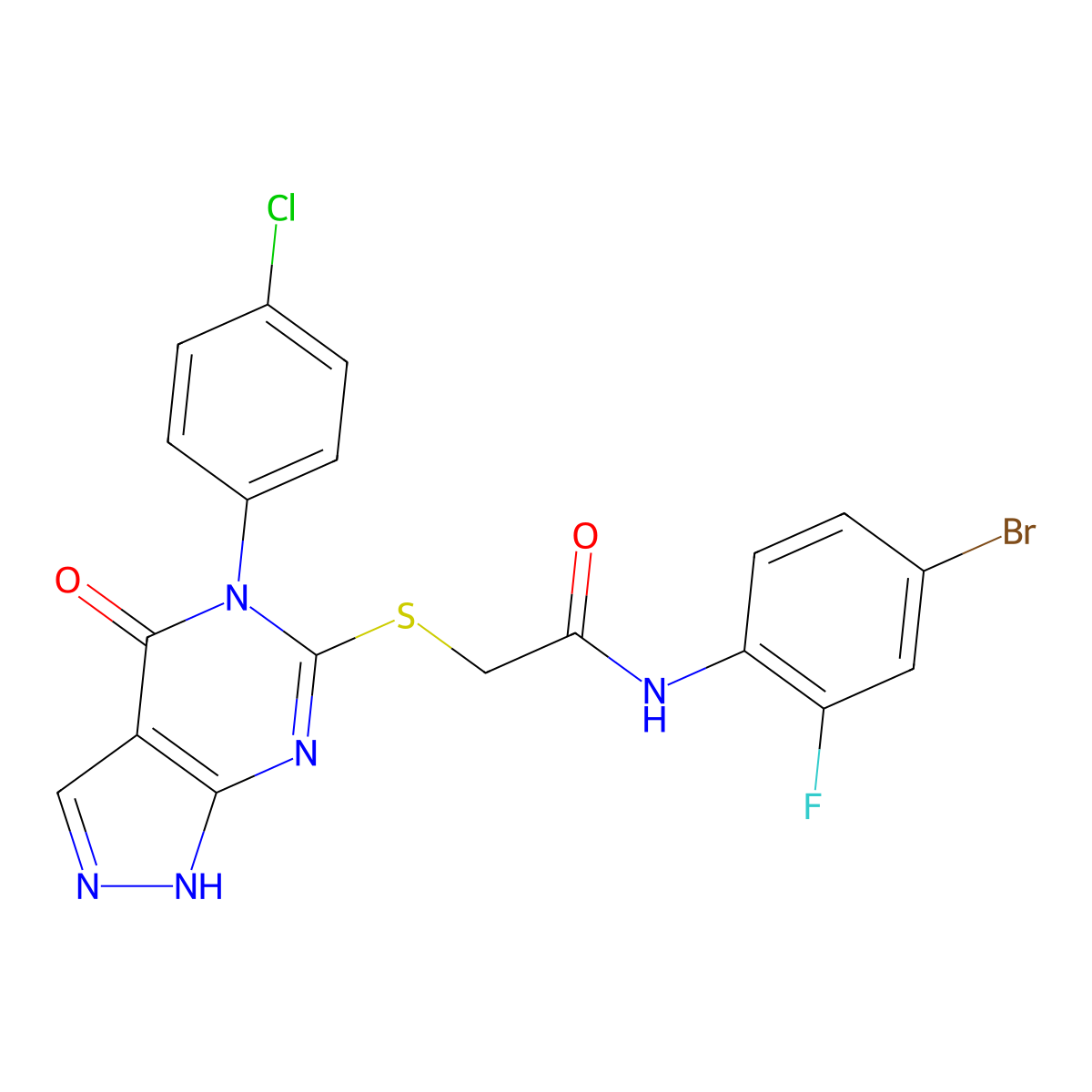 N-(4-bromo-2-fluorophenyl)-2-((5-(4-chlorophenyl)-4-oxo-4,5-dihydro-1H-pyrazolo[3,4-d]pyrimidin-6-yl)thio)acetamide molecular structure, CAS 403732-28-5
