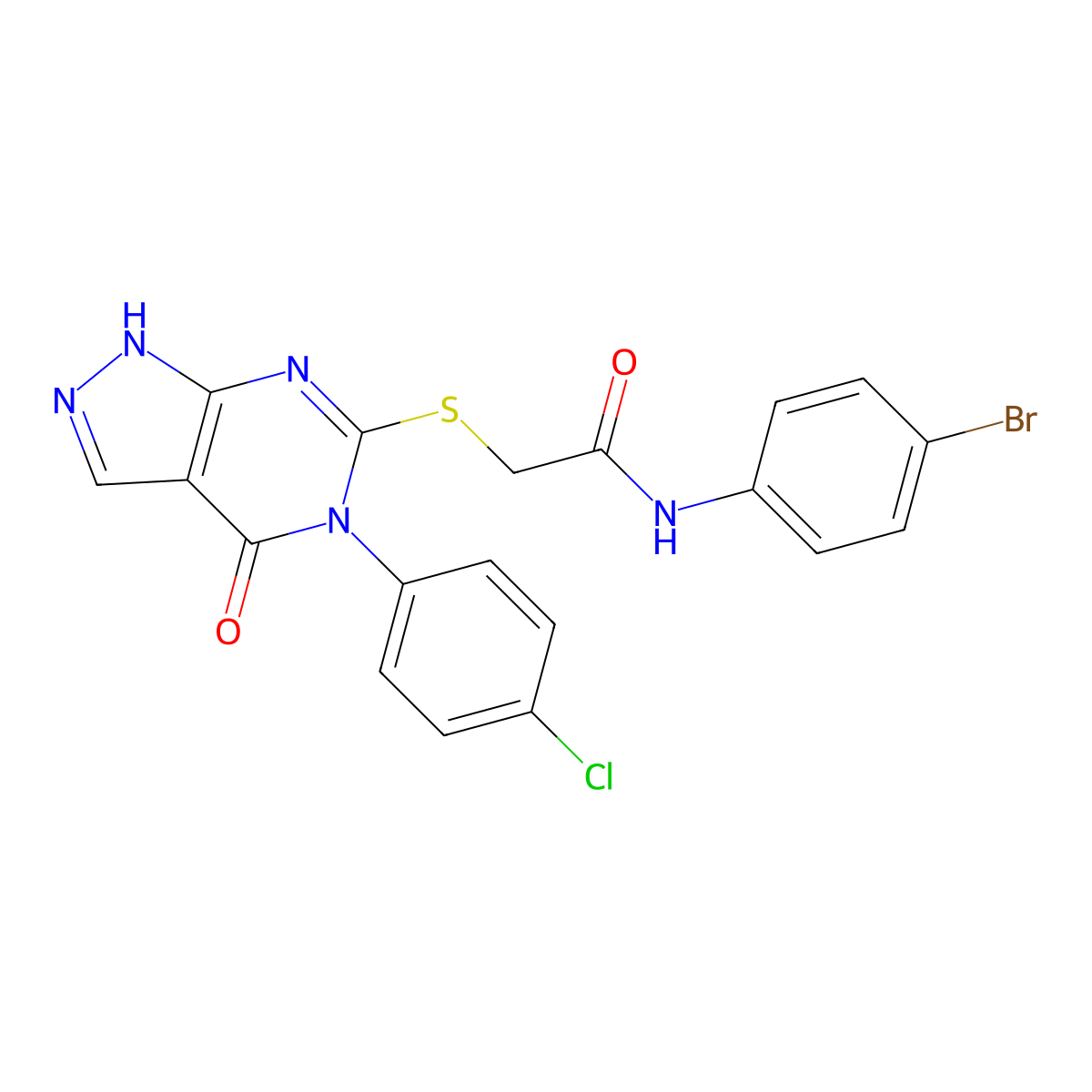 N-(4-bromophenyl)-2-((5-(4-chlorophenyl)-4-oxo-4,5-dihydro-1H-pyrazolo[3,4-d]pyrimidin-6-yl)thio)acetamide molecular structure, CAS 403732-32-1