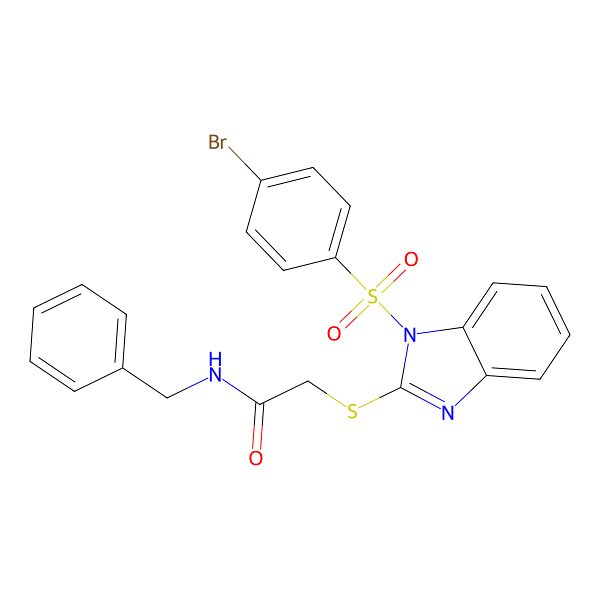 N-benzyl-2-((1-((4-bromophenyl)sulfonyl)-1H-benzo[d]imidazol-2-yl)thio)acetamide molecular structure, CAS 403732-65-0