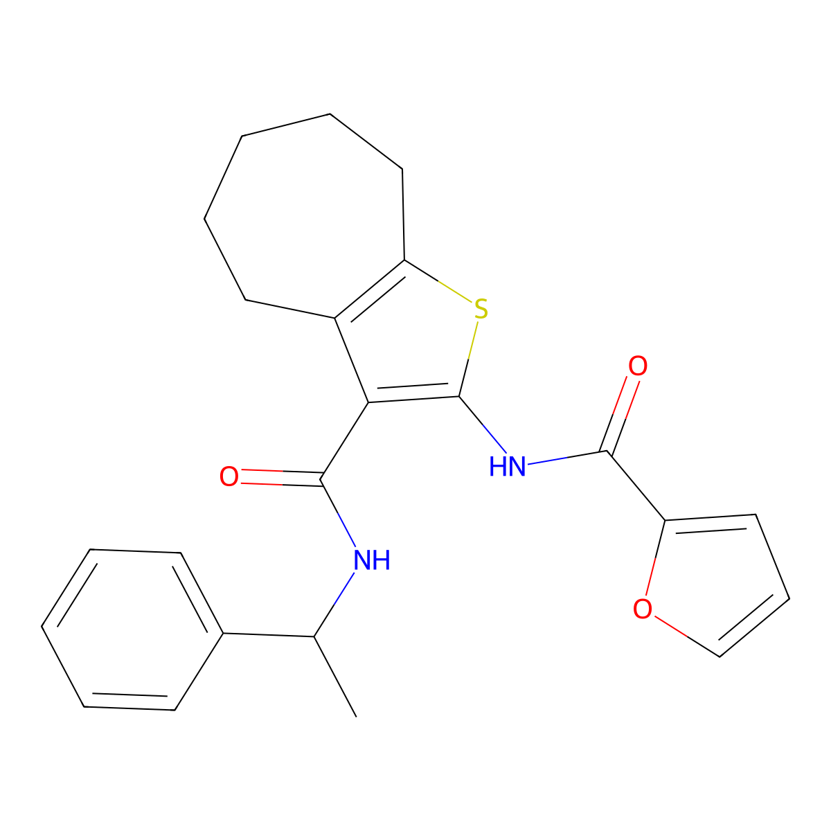N-[3-(1-phenylethylcarbamoyl)-5,6,7,8-tetrahydro-4H-cyclohepta[b]thiophen-2-yl]furan-2-carboxamide molecular structure, CAS 403735-91-1