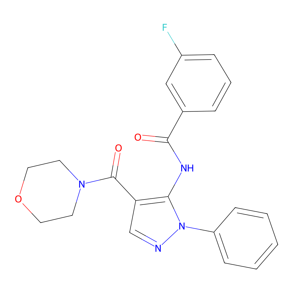 3-fluoro-N-[4-(morpholine-4-carbonyl)-2-phenylpyrazol-3-yl]benzamide molecular structure, CAS 403736-01-6