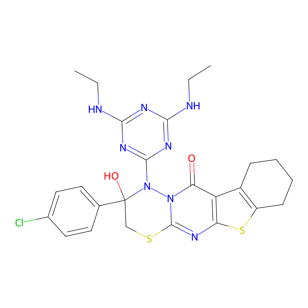 1-(4,6-bis(ethylamino)-1,3,5-triazin-2-yl)-2-(4-chlorophenyl)-2-hydroxy-2,3,7,8,9,10-hexahydrobenzo[4',5']thieno[2',3':4,5]pyrimido[2,1-b][1,3,4]thiadiazin-11(1H)-one molecular structure, CAS 403830-51-3