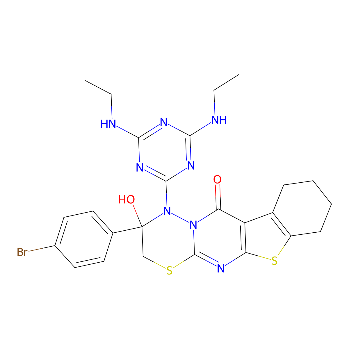 1-(4,6-bis(ethylamino)-1,3,5-triazin-2-yl)-2-(4-bromophenyl)-2-hydroxy-2,3,7,8,9,10-hexahydrobenzo[4',5']thieno[2',3':4,5]pyrimido[2,1-b][1,3,4]thiadiazin-11(1H)-one molecular structure, CAS 403830-54-6
