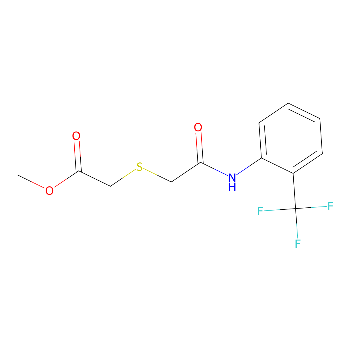 Methyl 2-((2-oxo-2-((2-(trifluoromethyl)phenyl)amino)ethyl)thio)acetate molecular structure, CAS 403834-57-1