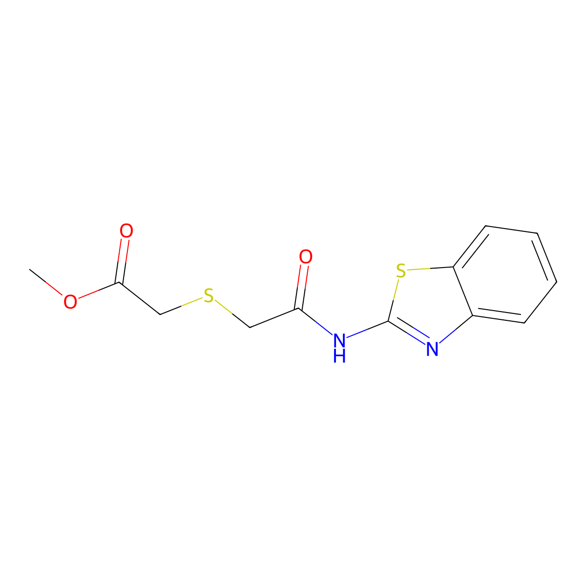 Methyl 2-((2-(benzo[d]thiazol-2-ylamino)-2-oxoethyl)thio)acetate molecular structure, CAS 403836-16-8