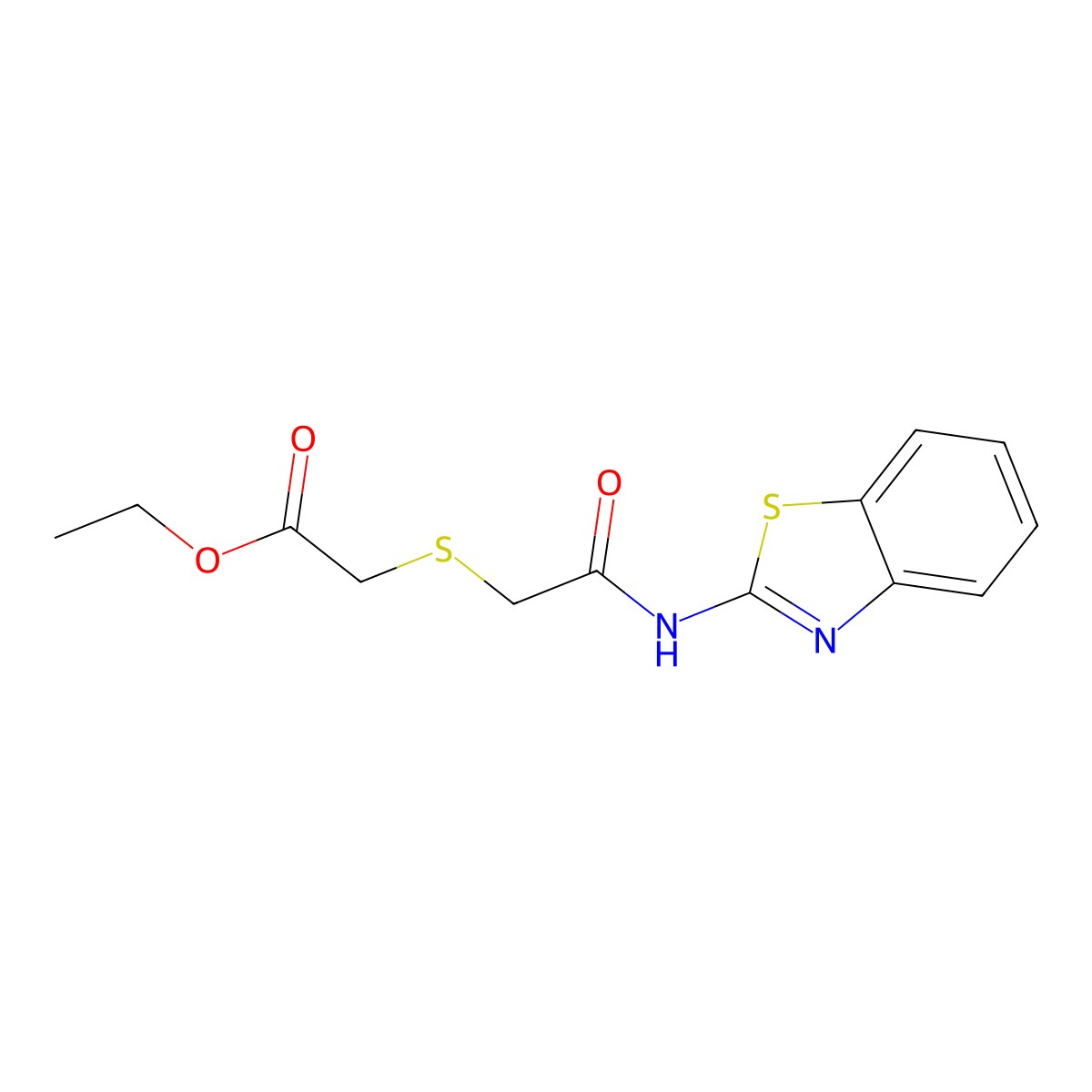 Ethyl 2-((2-(benzo[d]thiazol-2-ylamino)-2-oxoethyl)thio)acetate molecular structure, CAS 403836-17-9