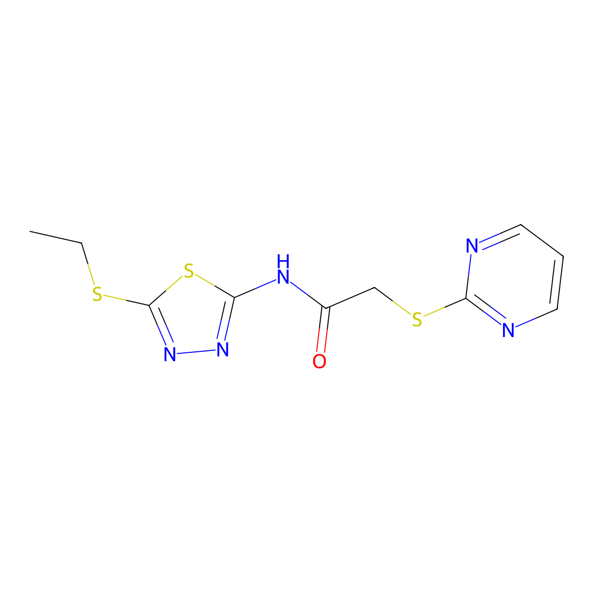 N-(5-(ethylthio)-1,3,4-thiadiazol-2-yl)-2-(pyrimidin-2-ylthio)acetamide molecular structure, CAS 403836-32-8