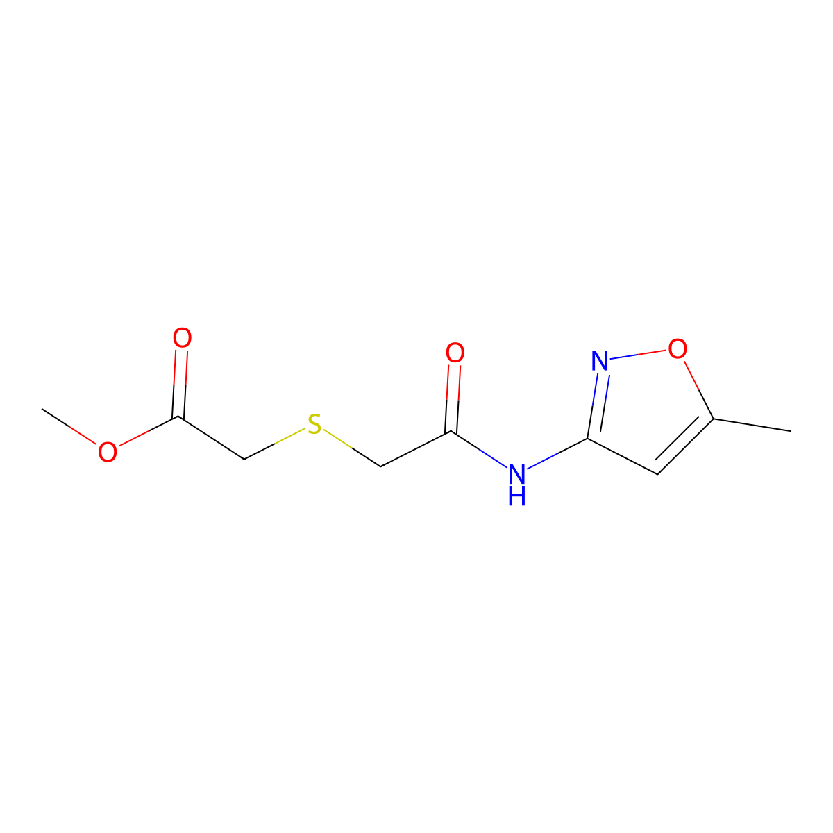 Methyl 2-((2-((5-methylisoxazol-3-yl)amino)-2-oxoethyl)thio)acetate molecular structure, CAS 403836-46-4