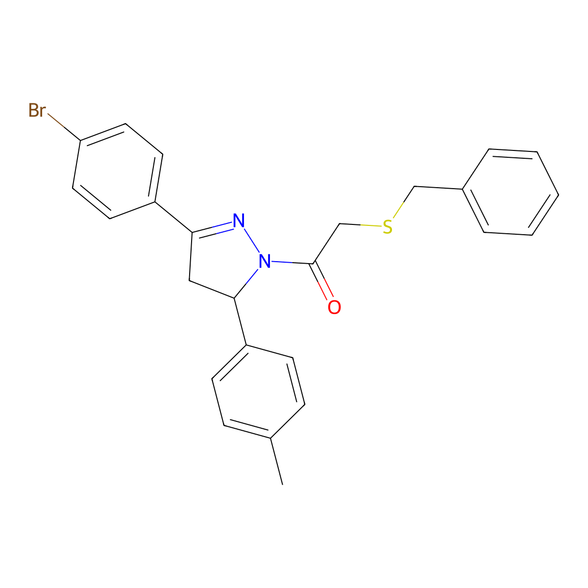 2-(benzylthio)-1-(3-(4-bromophenyl)-5-(p-tolyl)-4,5-dihydro-1H-pyrazol-1-yl)ethanone molecular structure, CAS 403836-57-7