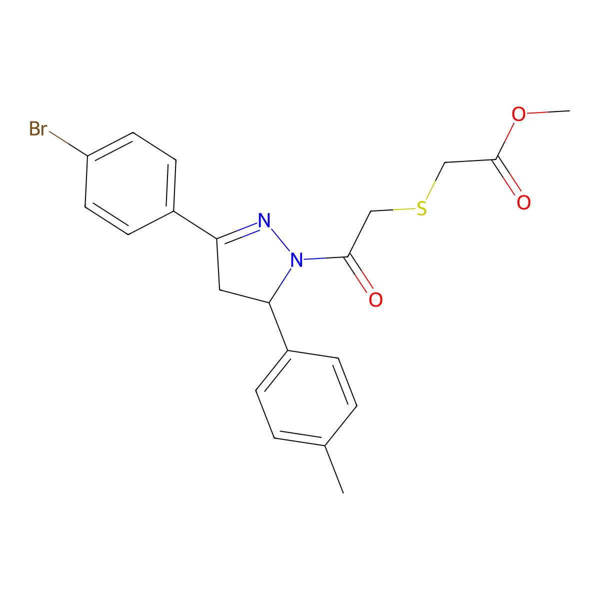 Methyl 2-[2-[5-(4-bromophenyl)-3-(4-methylphenyl)-3,4-dihydropyrazol-2-yl]-2-oxoethyl]sulfanylacetate molecular structure, CAS 403836-59-9
