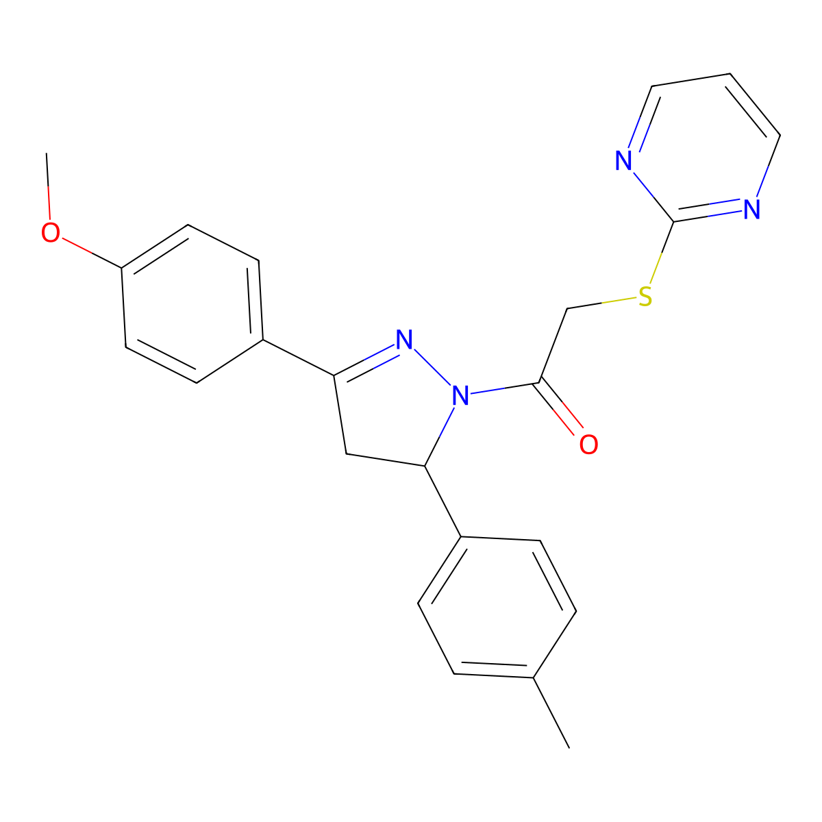 1-(3-(4-methoxyphenyl)-5-(p-tolyl)-4,5-dihydro-1H-pyrazol-1-yl)-2-(pyrimidin-2-ylthio)ethanone molecular structure, CAS 403836-86-2