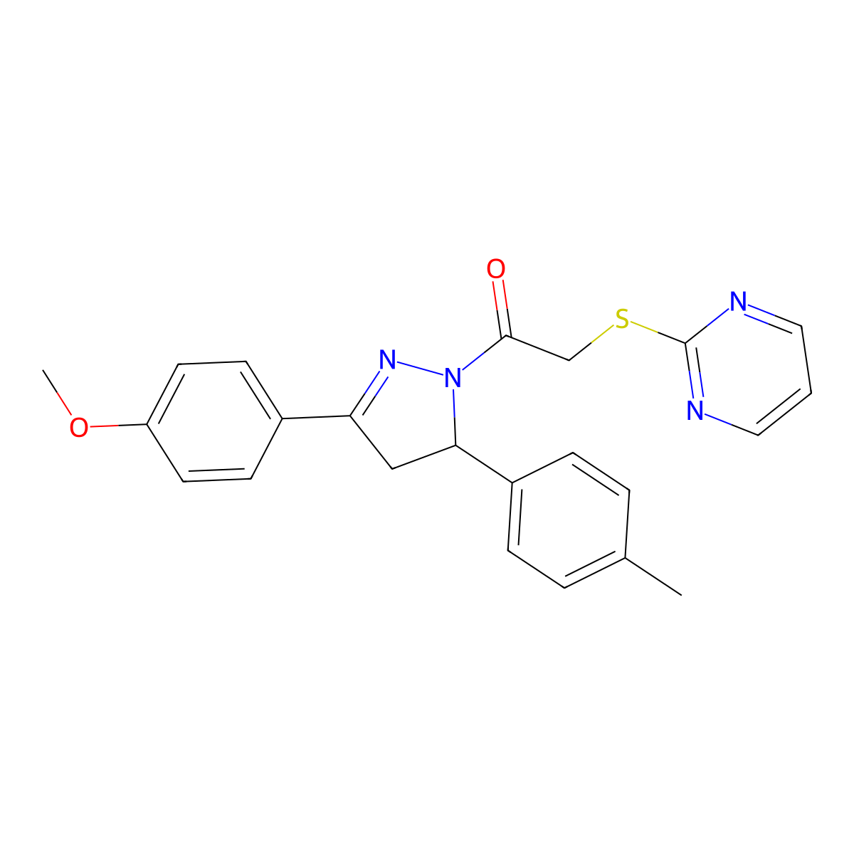 1-(3-(4-methoxyphenyl)-5-(p-tolyl)-4,5-dihydro-1H-pyrazol-1-yl)-2-(pyrimidin-2-ylthio)ethanone molecular structure, CAS 403836-86-2