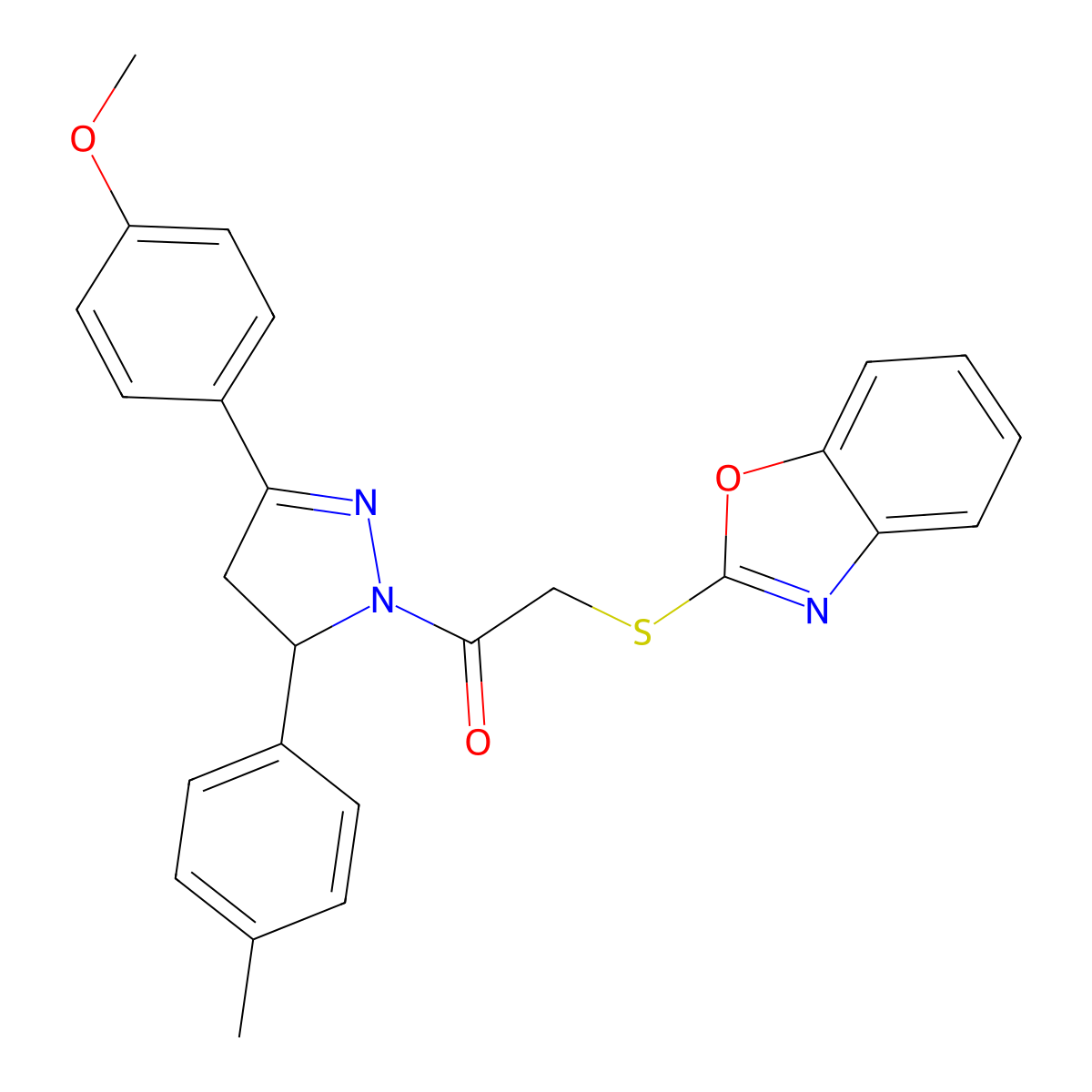 2-(benzo[d]oxazol-2-ylthio)-1-(3-(4-methoxyphenyl)-5-(p-tolyl)-4,5-dihydro-1H-pyrazol-1-yl)ethanone molecular structure, CAS 403836-88-4