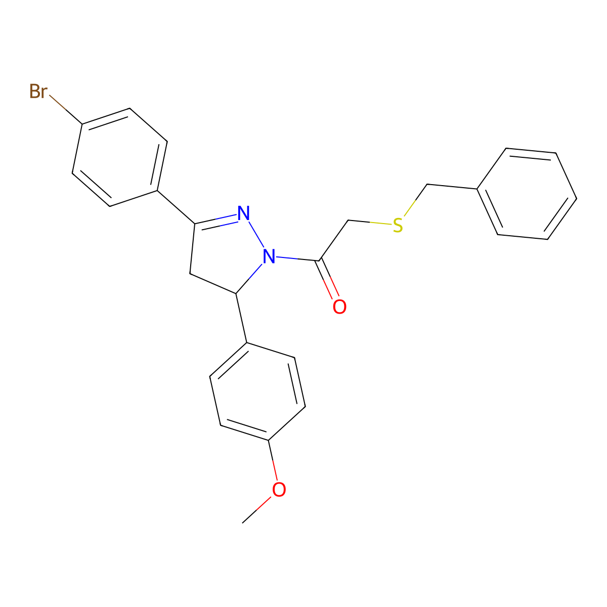 2-Benzylsulfanyl-1-[5-(4-bromophenyl)-3-(4-methoxyphenyl)-3,4-dihydropyrazol-2-yl]ethanone molecular structure, CAS 403836-93-1