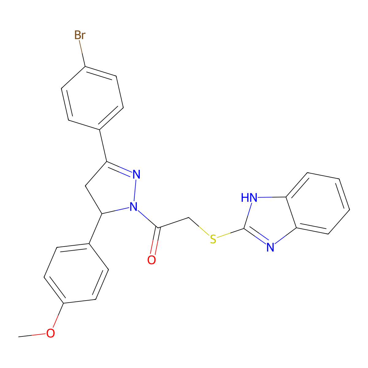 2-((1H-benzo[d]imidazol-2-yl)thio)-1-(3-(4-bromophenyl)-5-(4-methoxyphenyl)-4,5-dihydro-1H-pyrazol-1-yl)ethanone molecular structure, CAS 403837-07-0