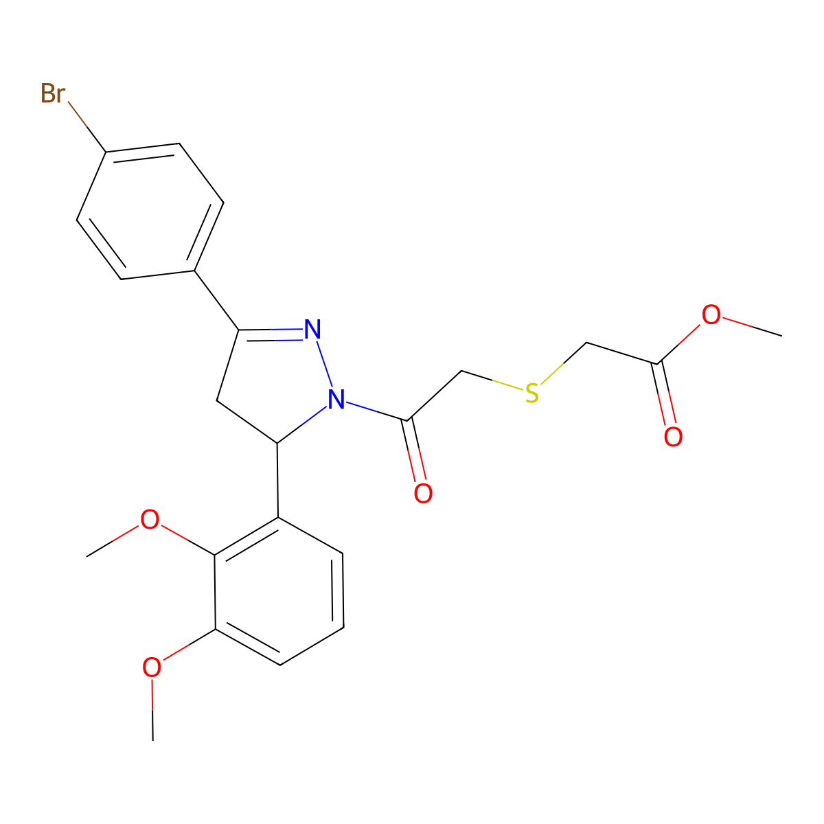 methyl 2-((2-(3-(4-bromophenyl)-5-(2,3-dimethoxyphenyl)-4,5-dihydro-1H-pyrazol-1-yl)-2-oxoethyl)thio)acetate molecular structure, CAS 403837-13-8