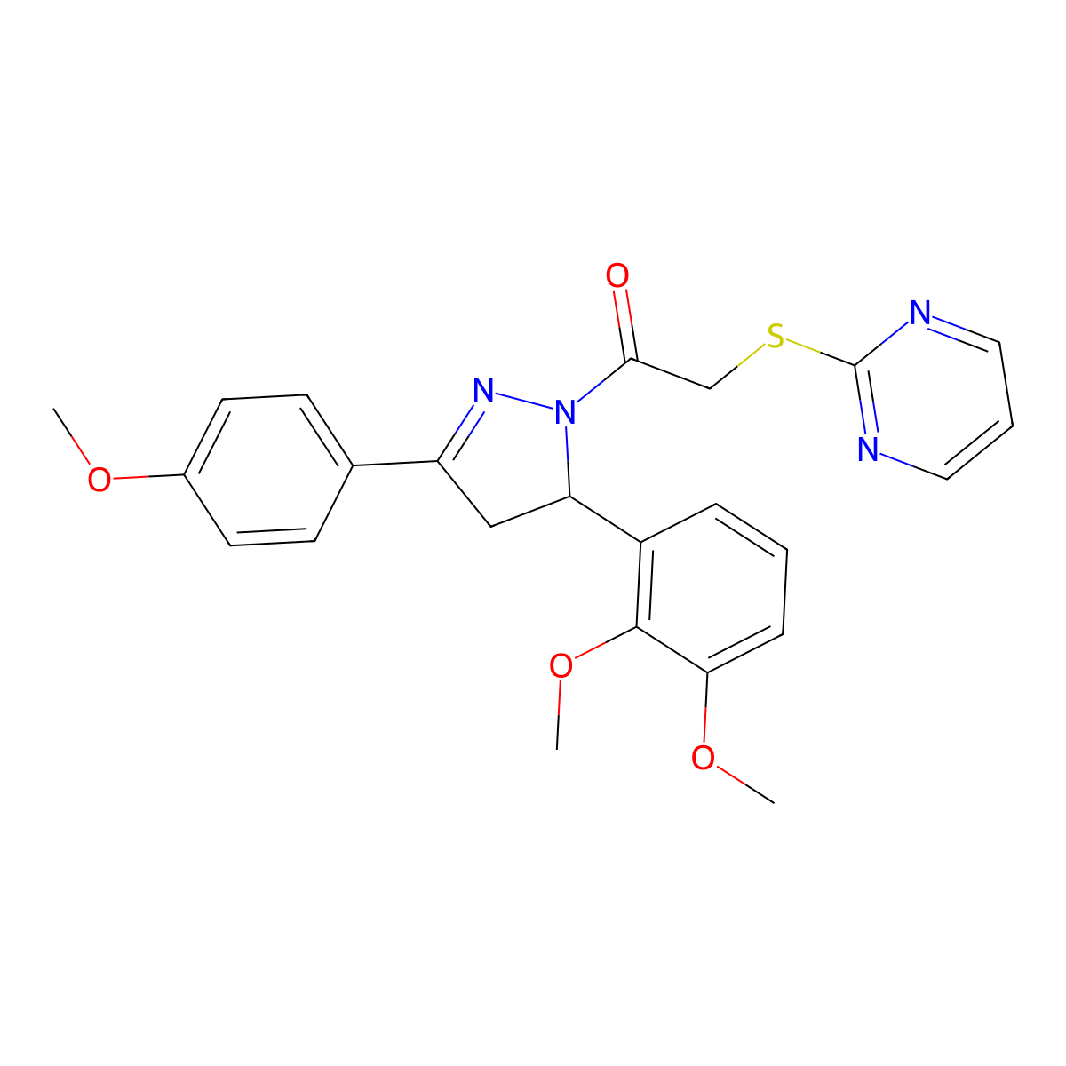 1-(5-(2,3-dimethoxyphenyl)-3-(4-methoxyphenyl)-4,5-dihydro-1H-pyrazol-1-yl)-2-(pyrimidin-2-ylthio)ethanone molecular structure, CAS 403837-40-1